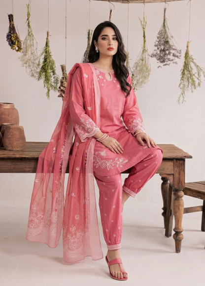 Pink Embroidered Lawn Pakistani Designer Suit Online in KSA Riyadh Saudi Arabia Oman Bahrain Qatar