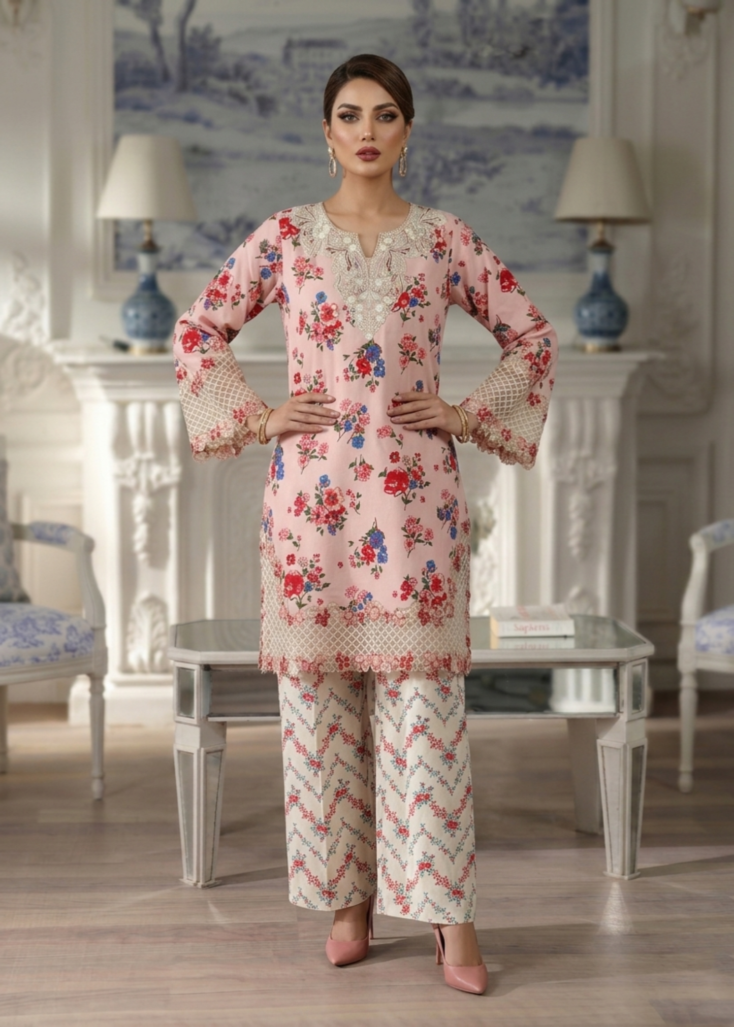 Pink Embroidered Lawn Party Wear Salwar Kameez Online in Dubai UAE Abudhabi Ajman Sharjah