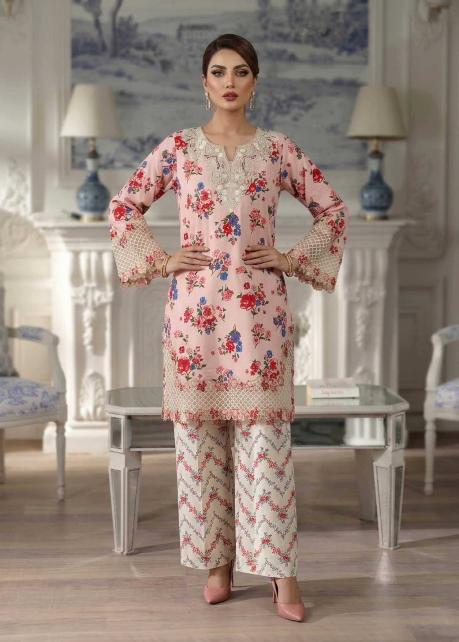 Pink Embroidered Lawn Party Wear Salwar Kameez Online in Dubai UAE Abudhabi Ajman Sharjah