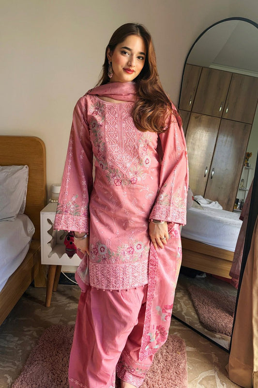 Pink Embroidered Lawn Salwar Kameez Online in Dubai UAE Abudhabi Ajman Sharjah
