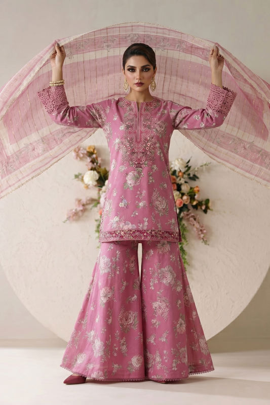 Pink Embroidered Lawn Sharara Gharara Online in Dubai UAE Abudhabi Ajman Sharjah
