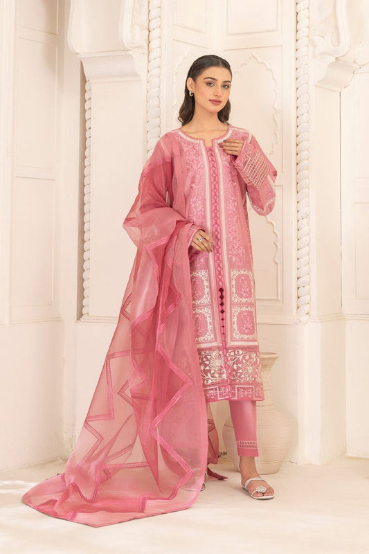 Pink Embroidered Lawn Suit with Organza Dupatta Online in Dubai UAE Abudhabi Ajman Sharjah