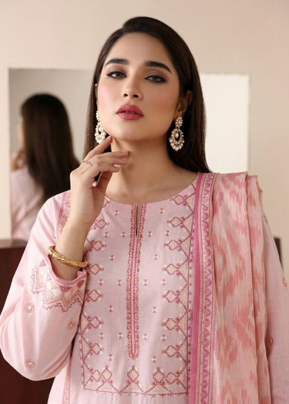 Pink Embroidered Lawn Suit with Silk Dupatta Online in Dubai DXB UAE Abudhabi Meena Bazaar
