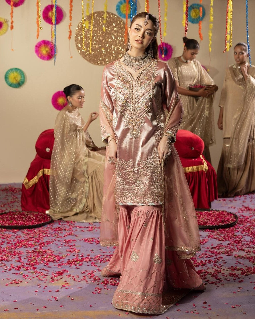 Pink Embroidered Maisori Dupatta with Kiran Lace Online in Dubai UAE Abudhabi Ajman Sharjah
