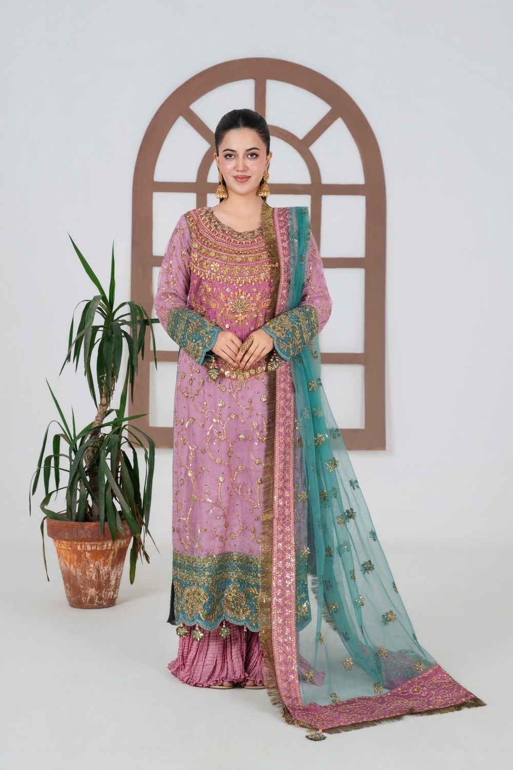 Pink Embroidered Net Sharara Suit Online in Dubai UAE Abudhabi Ajman Sharjah