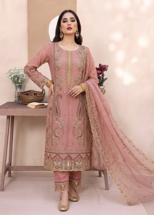 Pink Embroidered Organza 3 Piece Suit Online in Dubai DXB UAE Abudhabi Meena Bazaar
