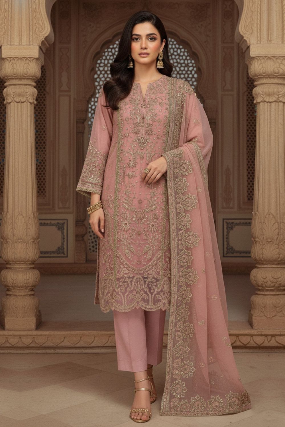 Pink Embroidered Organza Festive Salwar Suit Online in Dubai UAE Abudhabi Ajman Sharjah