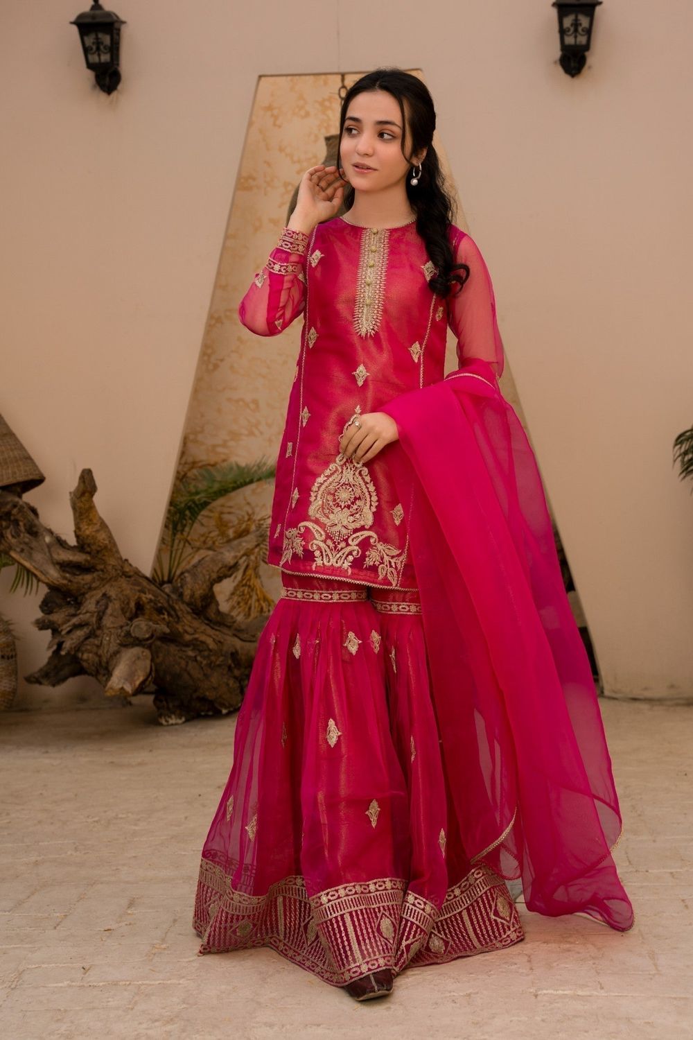 Pink Embroidered Organza Gharara Set Online in Dubai UAE Abudhabi Ajman Sharjah