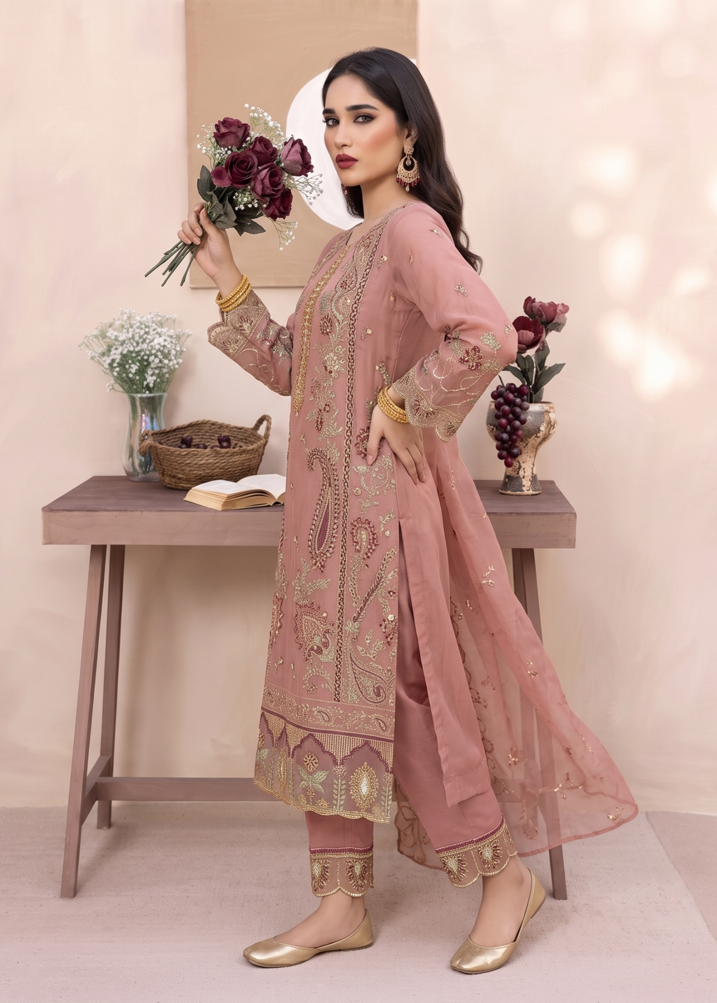 Pink Embroidered Organza Pakistani 3 Piece Suit Online in Sri Lanka India Australia