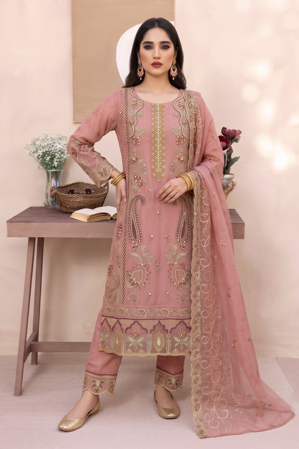 Pink Embroidered Organza Party Wear Suit Online in Dubai UAE Abudhabi Ajman Sharjah