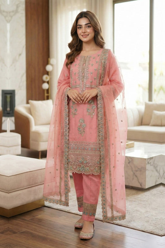 Pink Embroidered Organza Salwar Kameez Online in Dubai UAE Abudhabi Ajman Sharjah