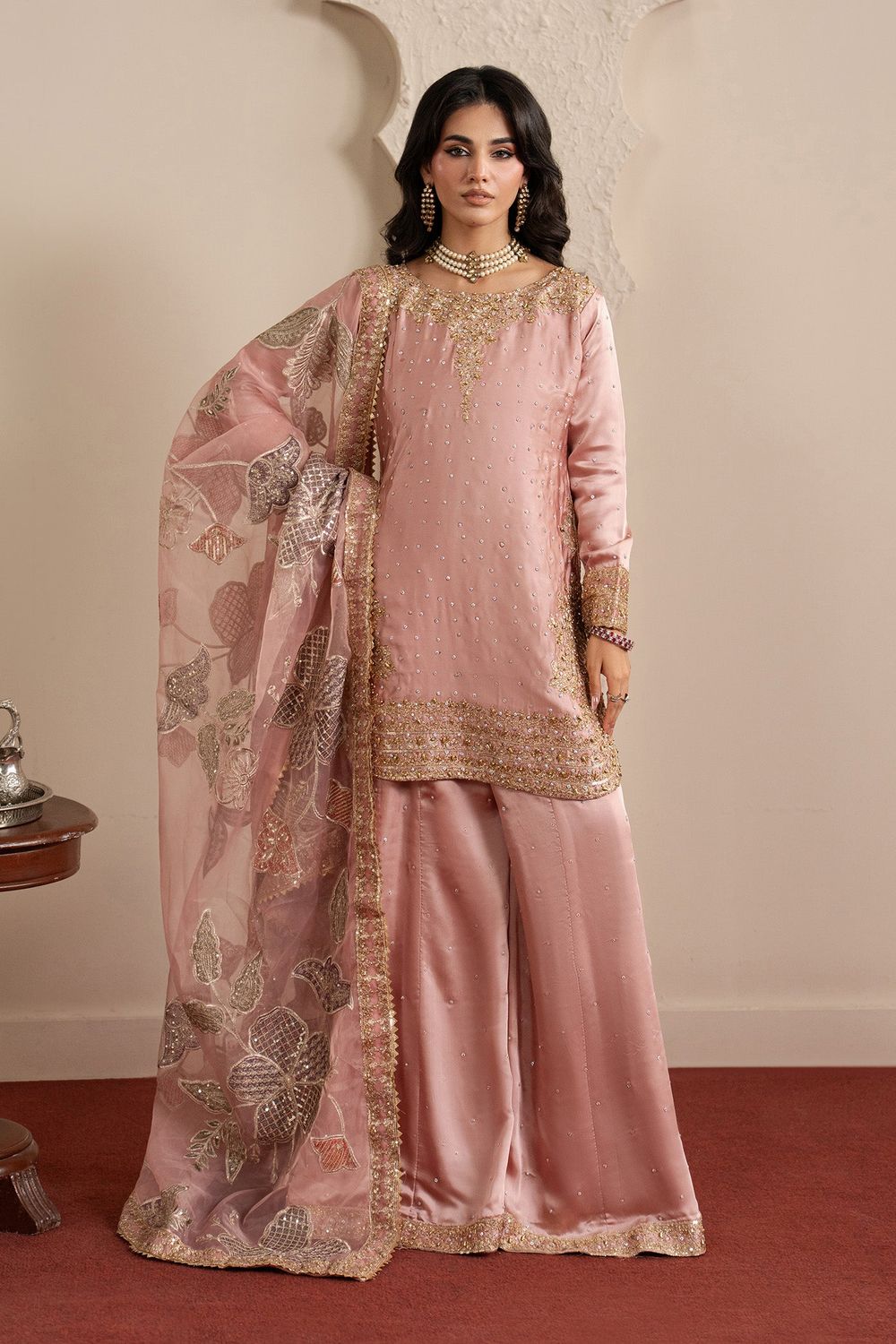 Pink Embroidered Organza Sharara Suit Online in Dubai UAE Abudhabi Ajman Sharjah