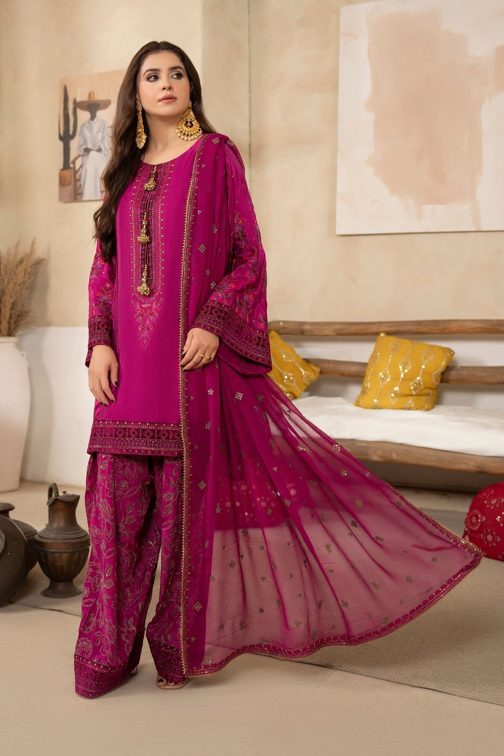 Pink Embroidered Tussar Silk Pakistani Suit Online in Dubai UAE Abudhabi Ajman Sharjah