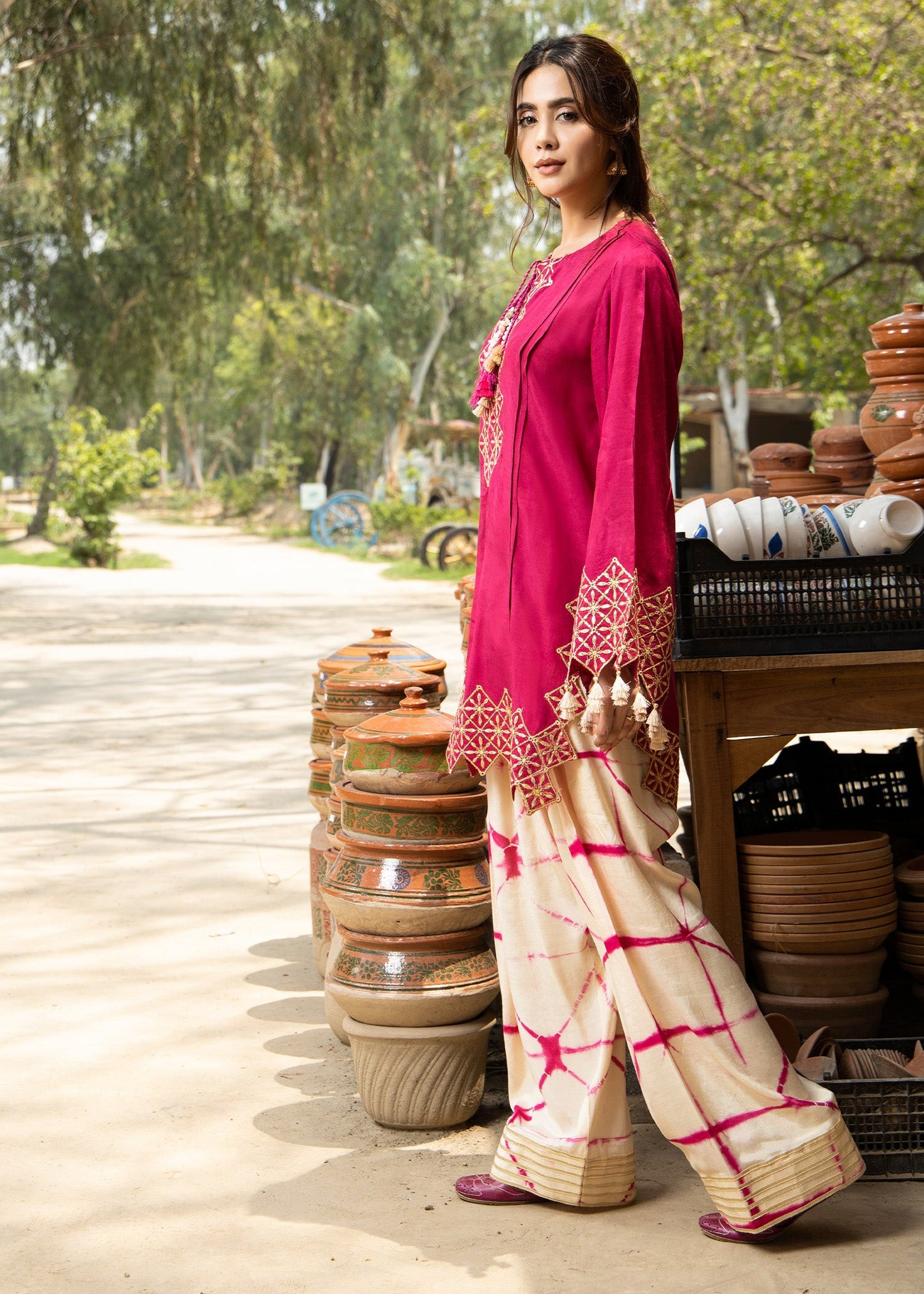 Pink Embroidered Viscose Kurta with Farshi Shalwar Online in Dubai DXB UAE Abudhabi Meena Bazaar