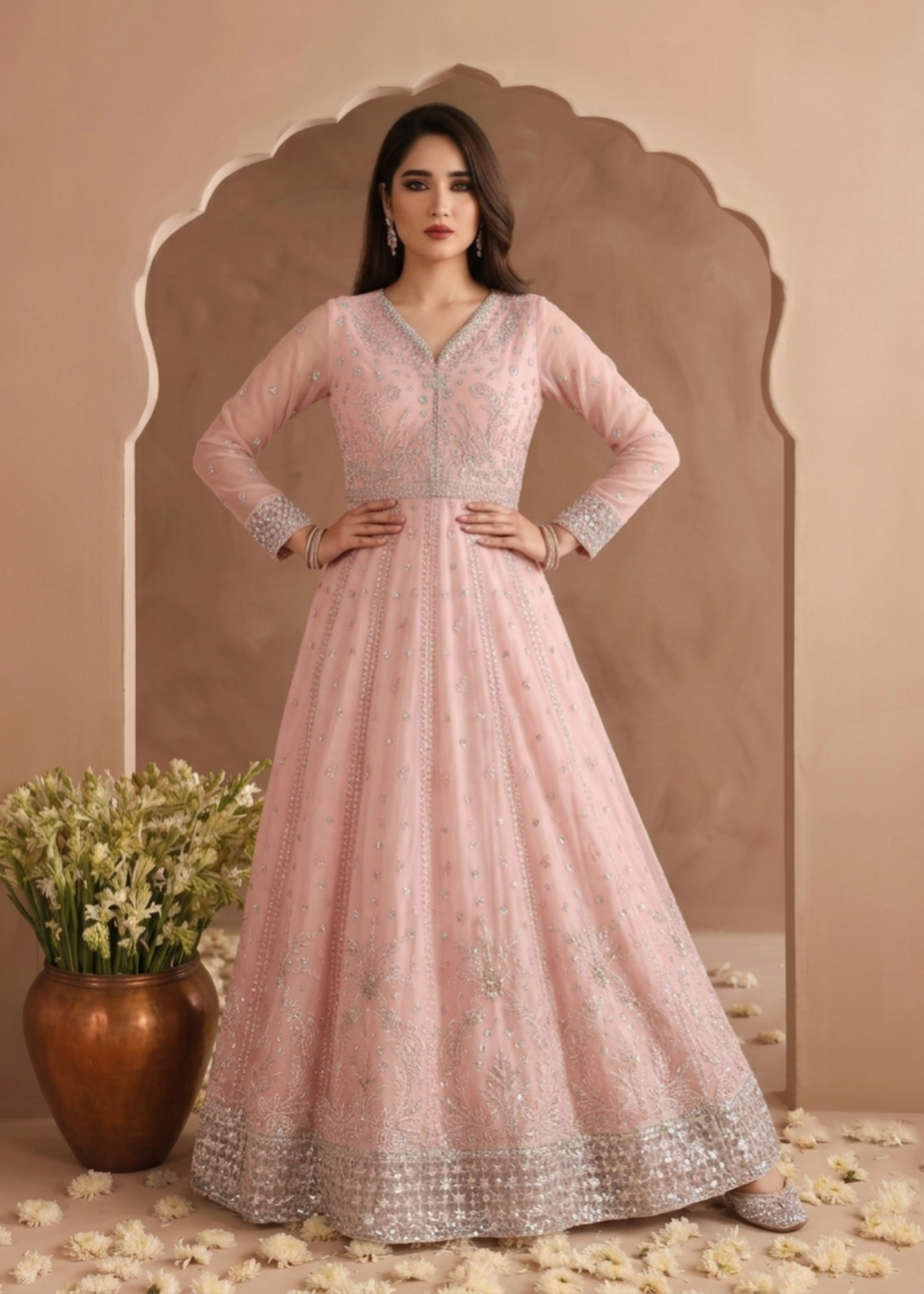 Pink Festive Embroidered Chiffon Salwar Kameez Online in Dubai DXB UAE Abudhabi Meena Bazaar