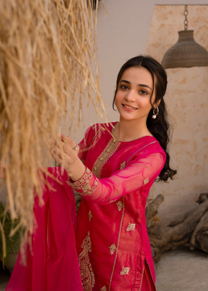 Pink Flared Gharara Organza Festive Wear Online in Dubai DXB UAE Abudhabi Meena Bazaar