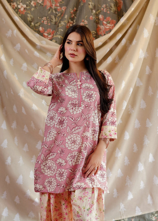 Pink Floral Print Lawn Kurta Set Online in Dubai DXB UAE Abudhabi Meena Bazaar