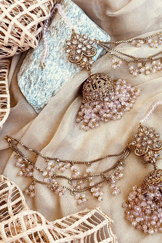 Pink Gold Plated Jhumki Tikka Set Online in Dubai UAE Abudhabi Ajman Sharjah