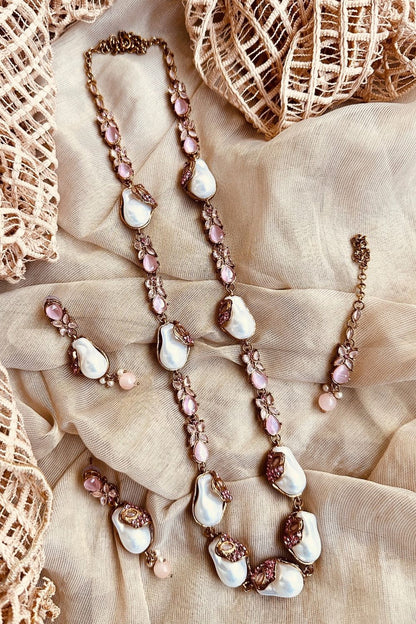 Pink Gold Plated Pearl Malaa Necklace Set Online in Dubai UAE Abudhabi Ajman Sharjah