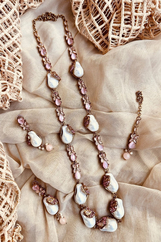Pink Gold Plated Pearl Malaa Necklace Set Online in Dubai UAE Abudhabi Ajman Sharjah