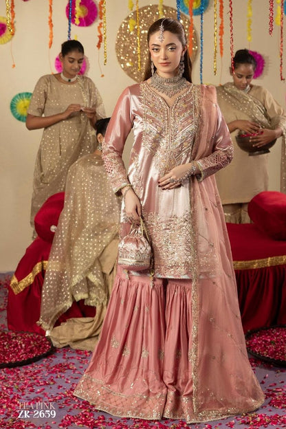 Pink Hand Embellished Lama Tissue Gharara Online in Dubai UAE Abudhabi Ajman Sharjah