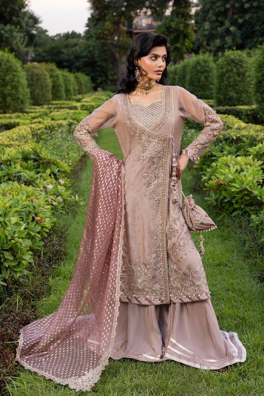 Pink Hand Embellished Organza Angrakha Sharara Online in Dubai UAE Abudhabi Ajman Sharjah
