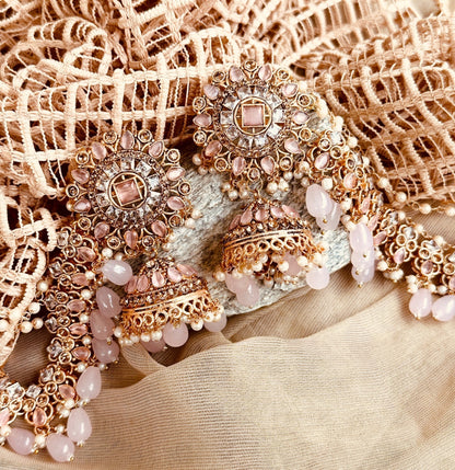 Pink Jhumka Earrings Stone Work Online in UK USA Canada