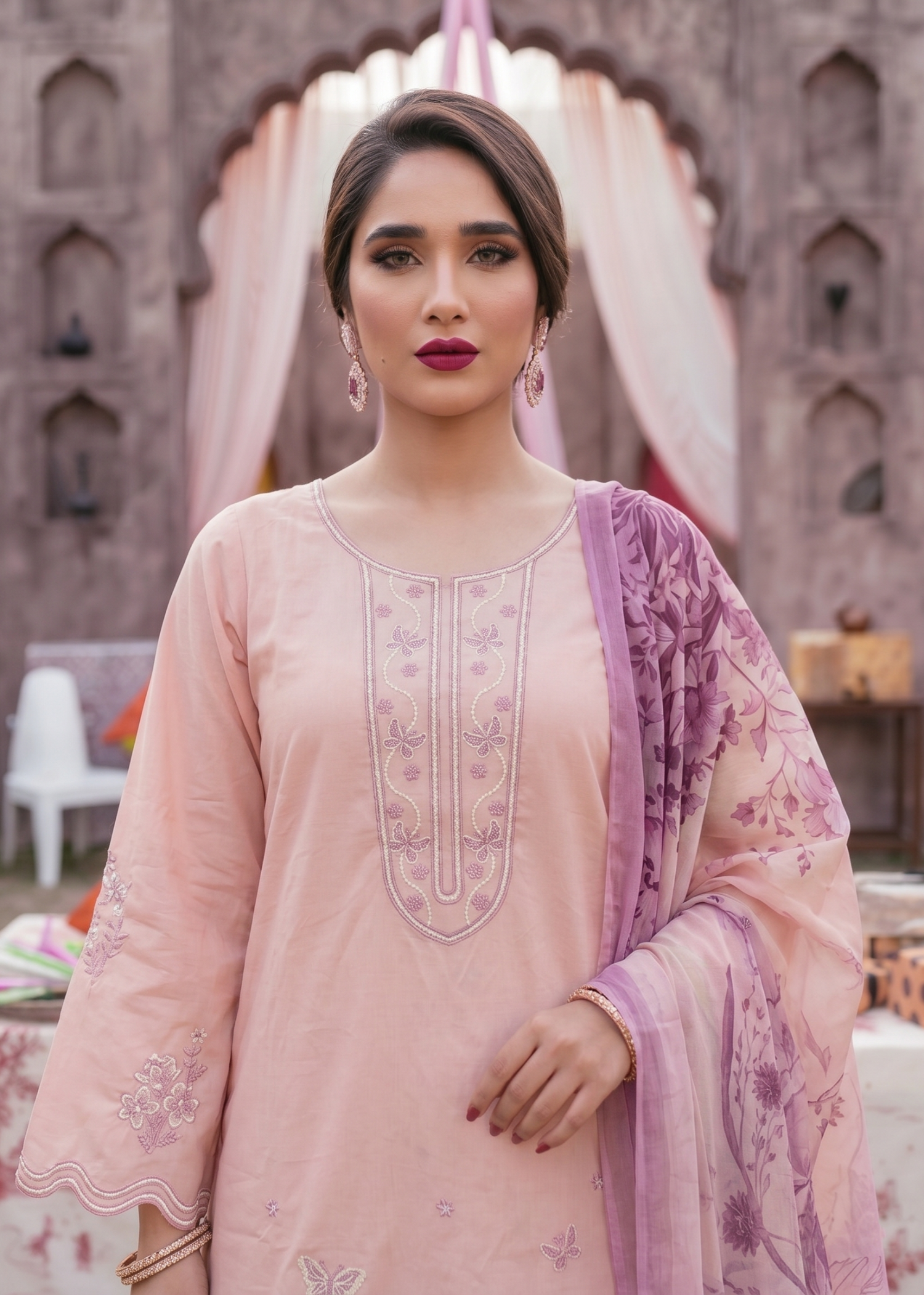 Pink Lawn Embroidered 3 Piece Suit Online in Dubai DXB UAE Abudhabi Meena Bazaar