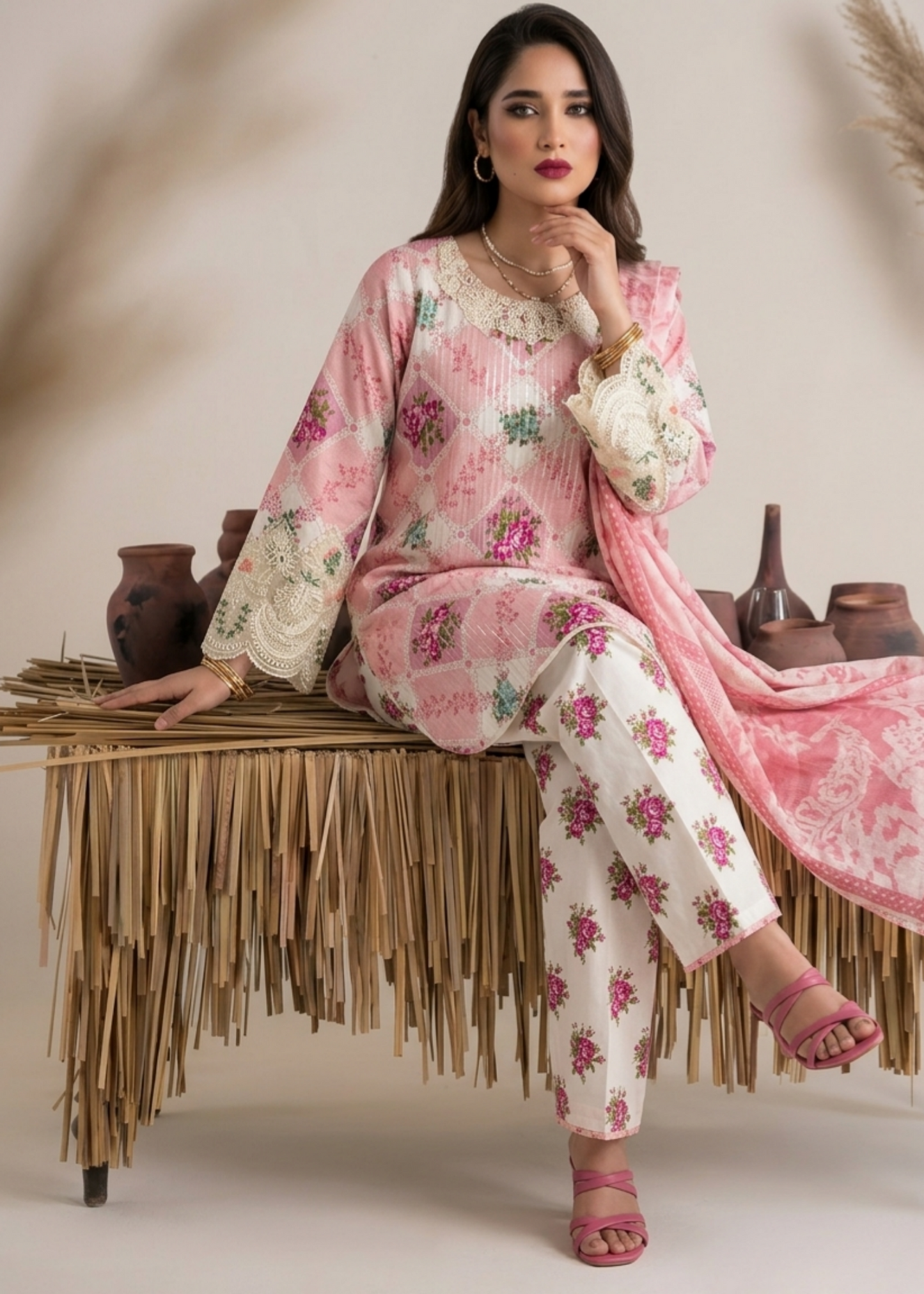 Pink Lawn Embroidered Festive Wear Suit Online in Dubai UAE Abudhabi Ajman Sharjah