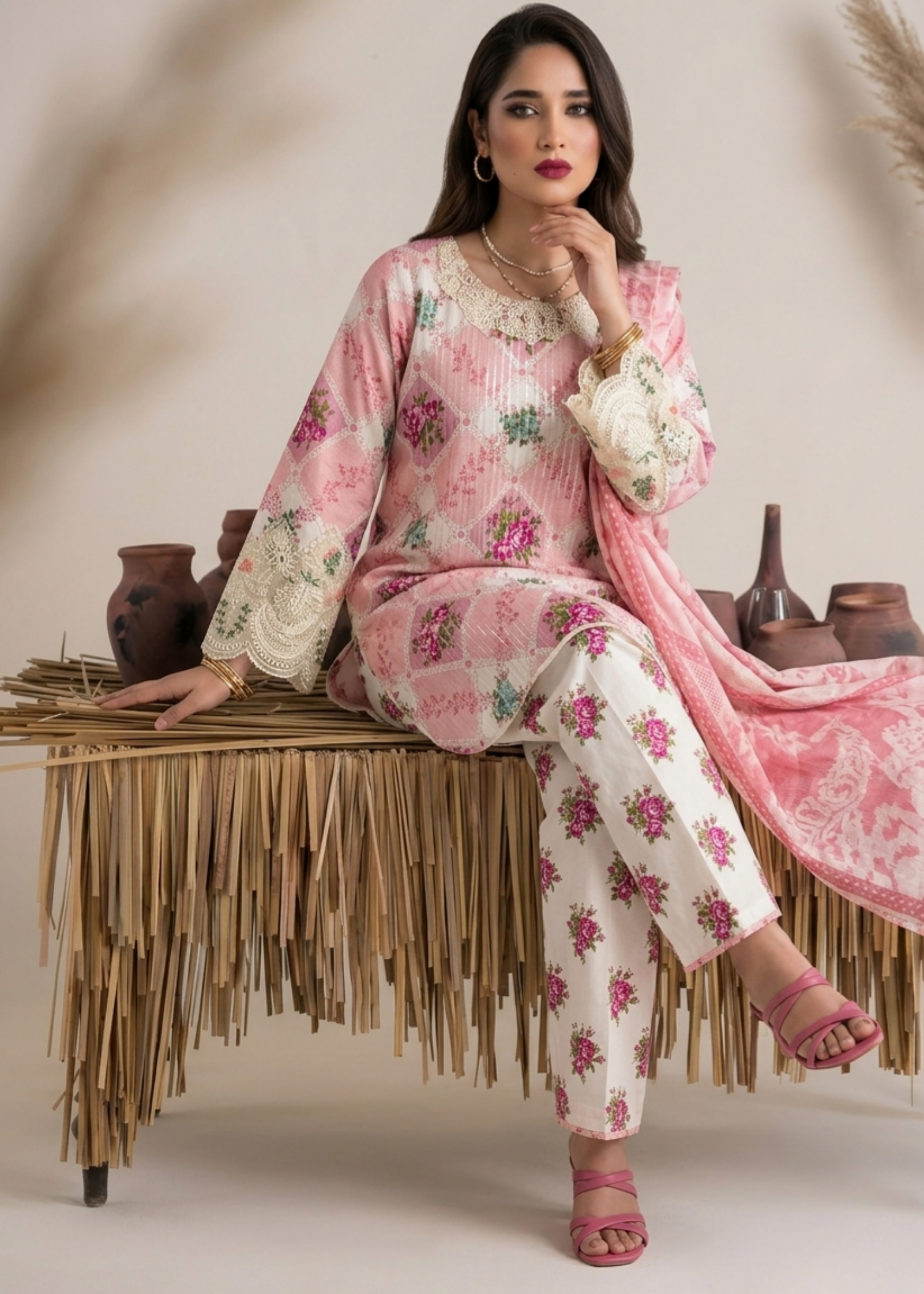 Pink Lawn Embroidered Festive Wear Suit Online in Dubai UAE Abudhabi Ajman Sharjah