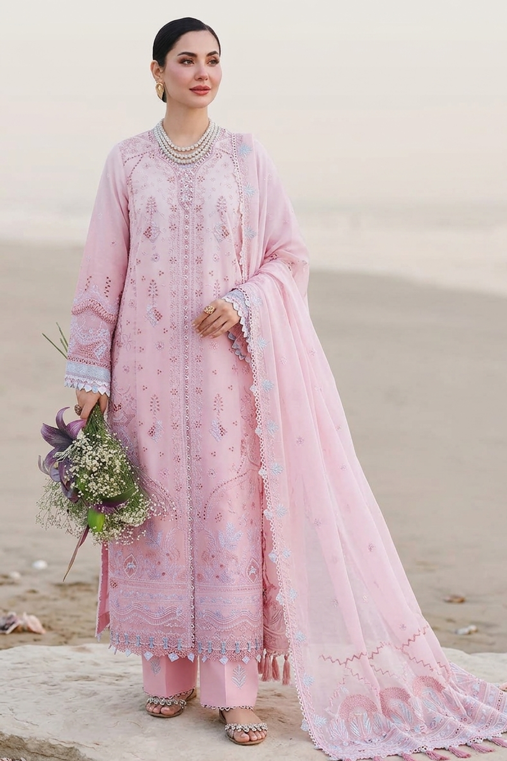 Pink Luxury Lawn Unstitched Pakistani Suit Online in Dubai UAE Abudhabi Ajman Sharjah