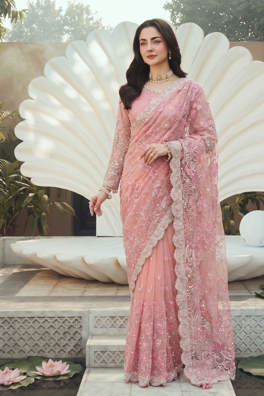 Pink Net Saree with Blouse and Petticoat Online in Dubai UAE Abudhabi Ajman Sharjah