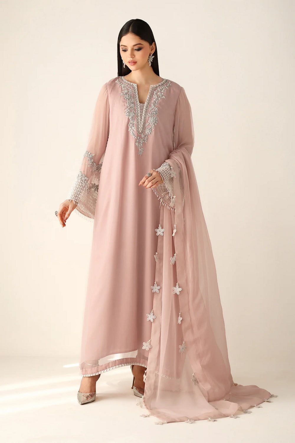 Pink Orange Hand Embellished Chiffon Partywear Suit Online in Dubai UAE Abudhabi Ajman Sharjah
