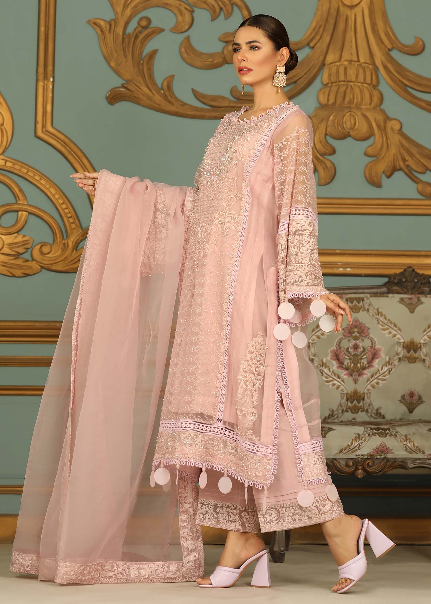 Pink Organza Embellished Suit with Dupatta Online in Sri Lanka India Australia