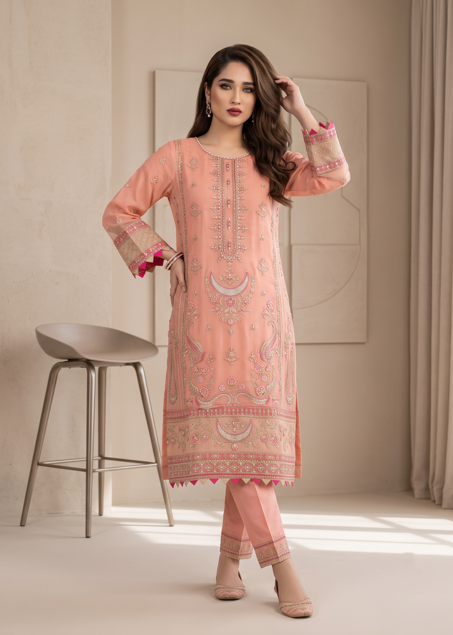 Pink Organza Embroidered Dress Material Online in Dubai UAE Abudhabi Ajman Sharjah