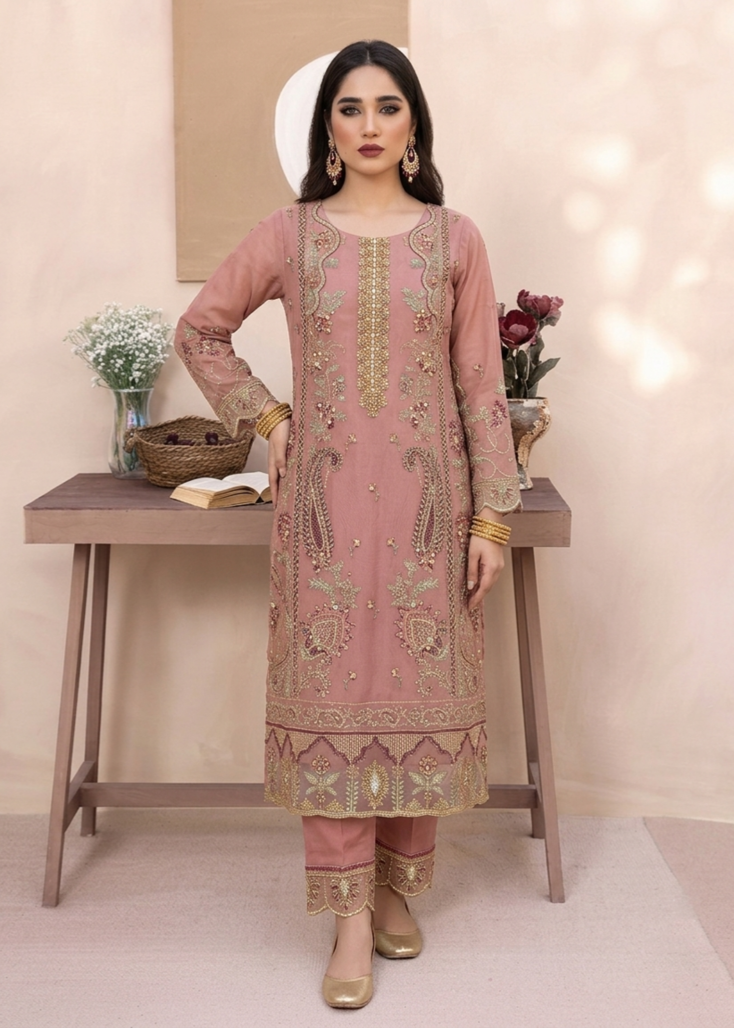 Pink Organza Embroidered Straight Kurta Suit Online in Dubai UAE Abudhabi Ajman Sharjah