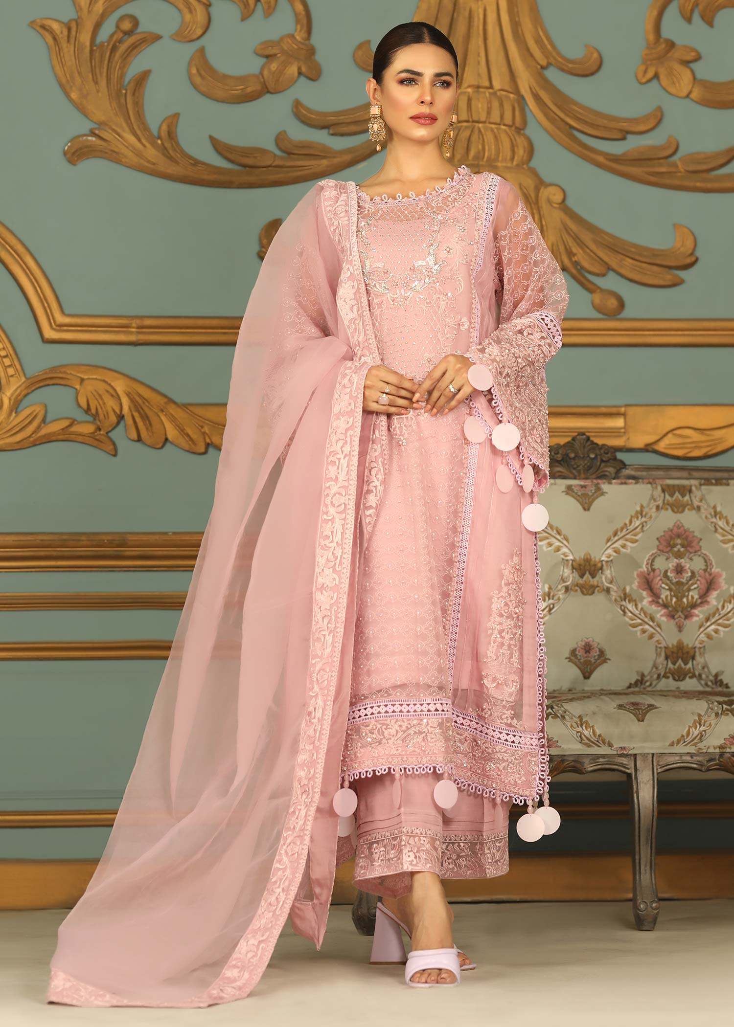 Pink Organza Suit with Raw Silk Trouser Online in KSA Riyadh Saudi Arabia Oman Bahrain Qatar