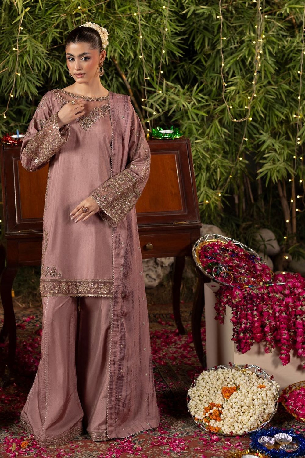 Pink Raw Silk Embroidered Suit Online in Dubai UAE Abudhabi Ajman Sharjah