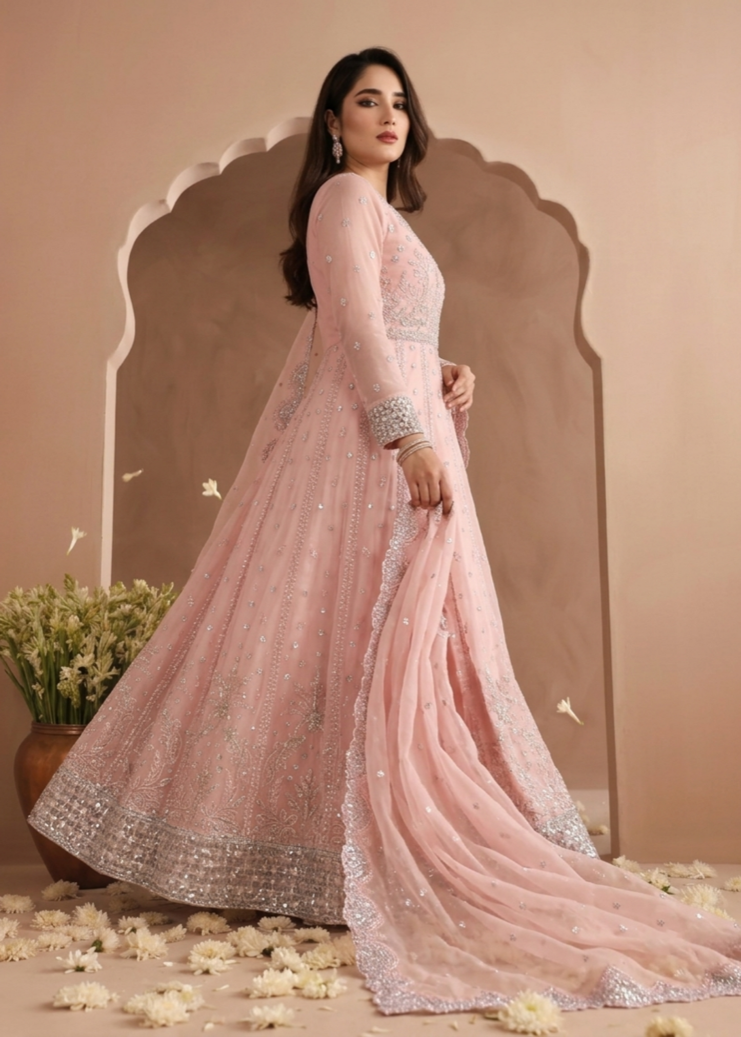 Pink Raw Silk Trouser Chiffon Maxi Suit Online in Dubai DXB UAE Abudhabi Meena Bazaar