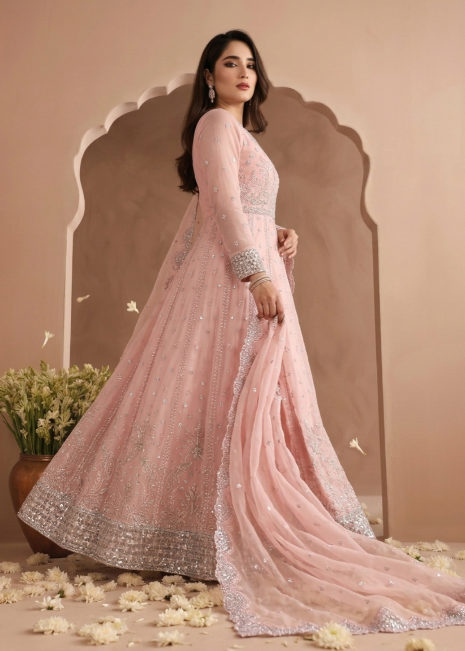 Pink Raw Silk Trouser Chiffon Maxi Suit Online in Dubai DXB UAE Abudhabi Meena Bazaar