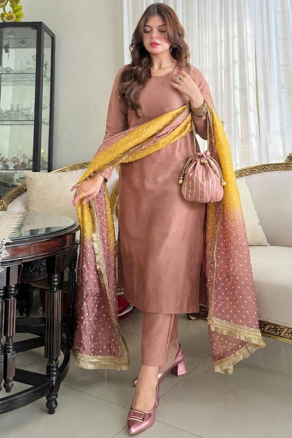 Pink Silk Chunri Print Unstitched Suit Online in Dubai UAE Abudhabi Ajman Sharjah