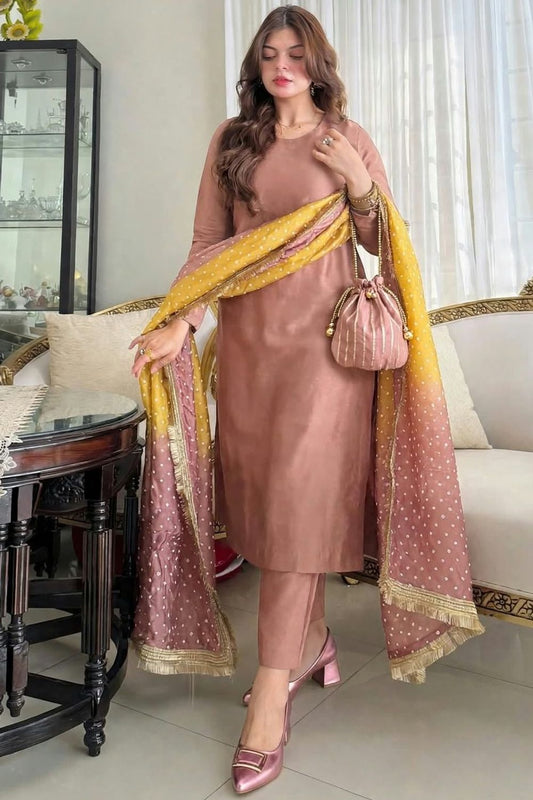Pink Silk Chunri Print Unstitched Suit Online in Dubai UAE Abudhabi Ajman Sharjah