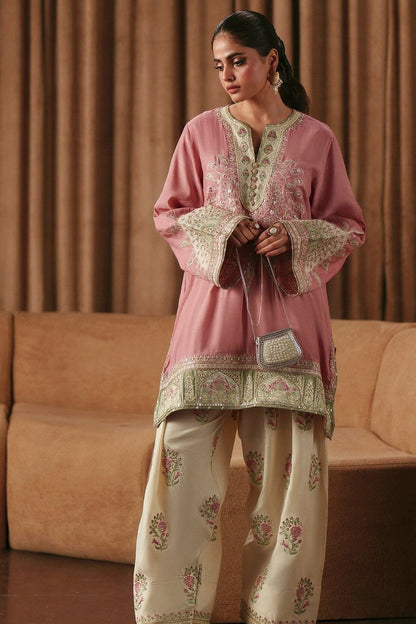 Pink Silk Farshi Shalwar with Barocia Net Dupatta Online in Dubai UAE Abudhabi Ajman Sharjah