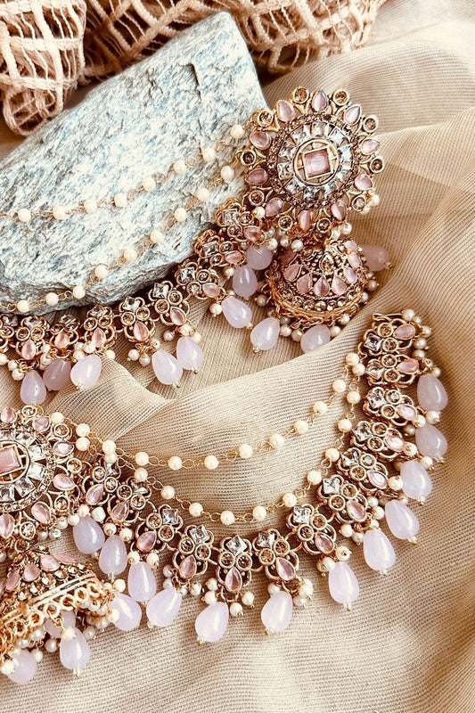 Pink Stone Work Jhumka Earrings Online in Dubai UAE Abudhabi Ajman Sharjah