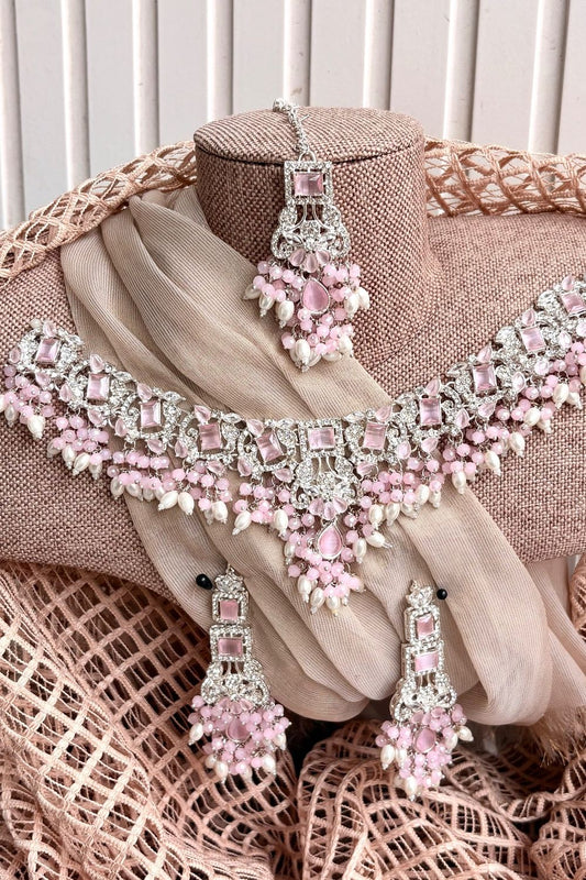 Pink Stone Work Metal Necklace Set Online in Dubai UAE Abudhabi Ajman Sharjah