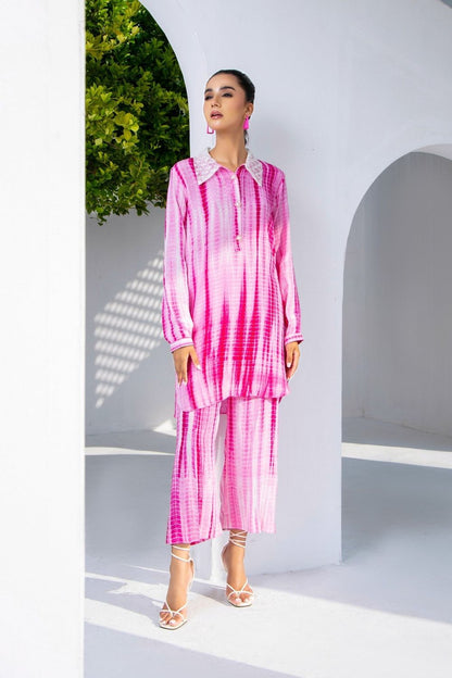 Pink Tie Dye Raw Silk Embroidered Kurta Set Online in Dubai UAE Abudhabi Ajman Sharjah