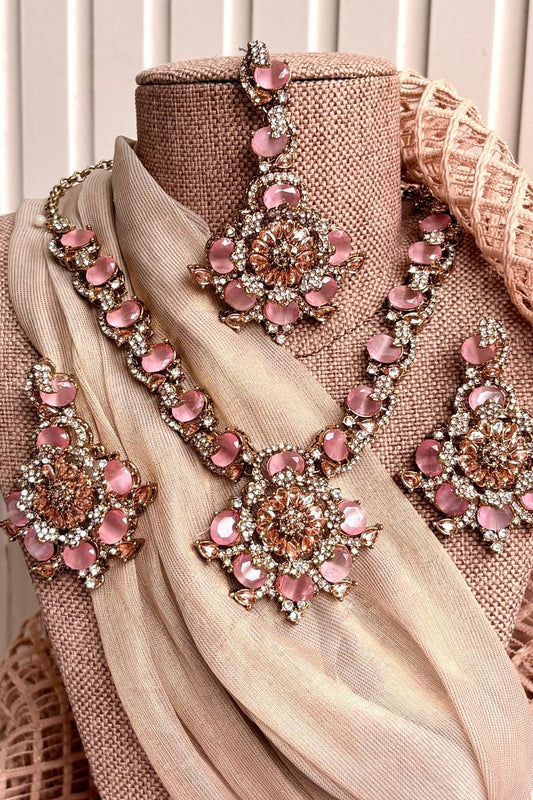 Pink Turkish Stone Work Necklace Set Online in Dubai UAE Abudhabi Ajman Sharjah