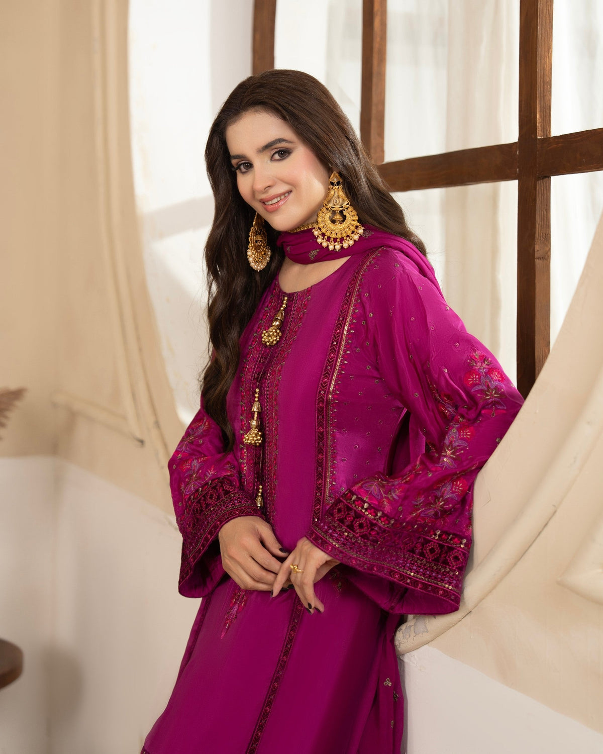 Pink Tussar Silk Embroidered Readymade Salwar Suit Online in Dubai DXB UAE Abudhabi Meena Bazaar