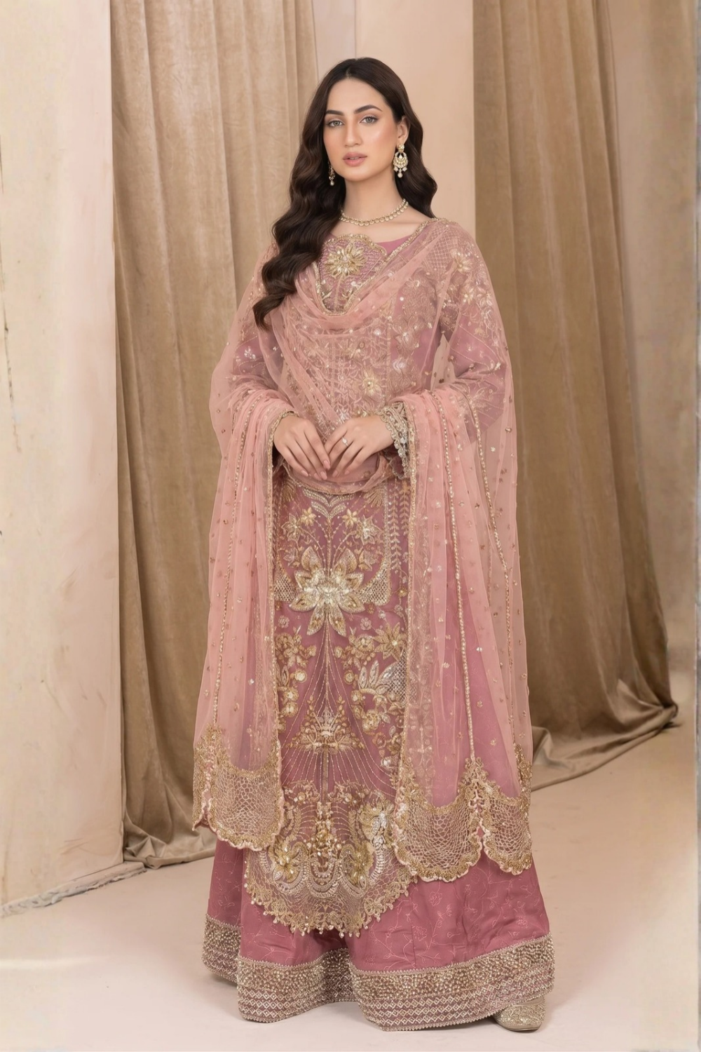 Pink Heavy Hand Embellished Organza Sharara