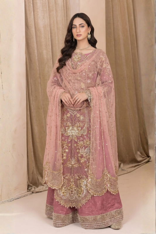 Pink Heavy Hand Embellished Organza Sharara